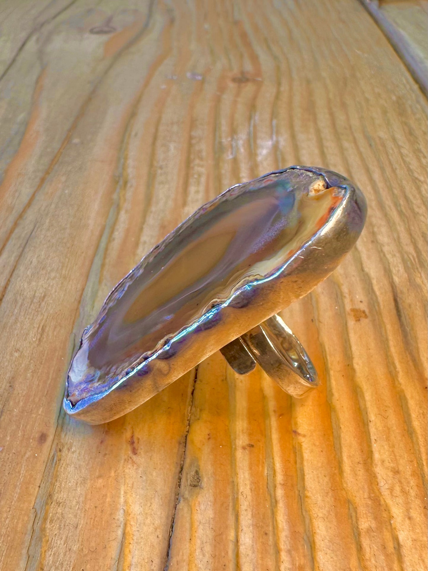 Sliced Polished Agate 925 Sterling Silver Size O Adjustable Ring