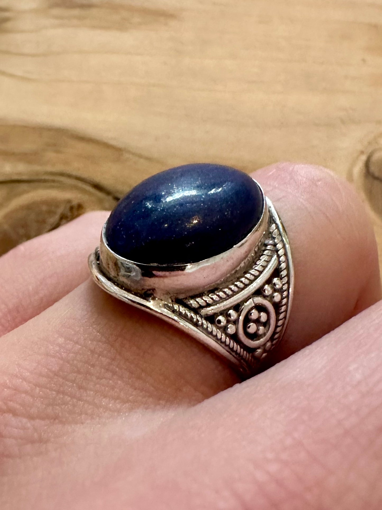 Vintage Tribal Lapis Oval 925 Silver Size Q Ring