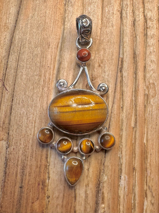 Vintage Tigers Eye Boho Style 925 Sterling Silver Pendant