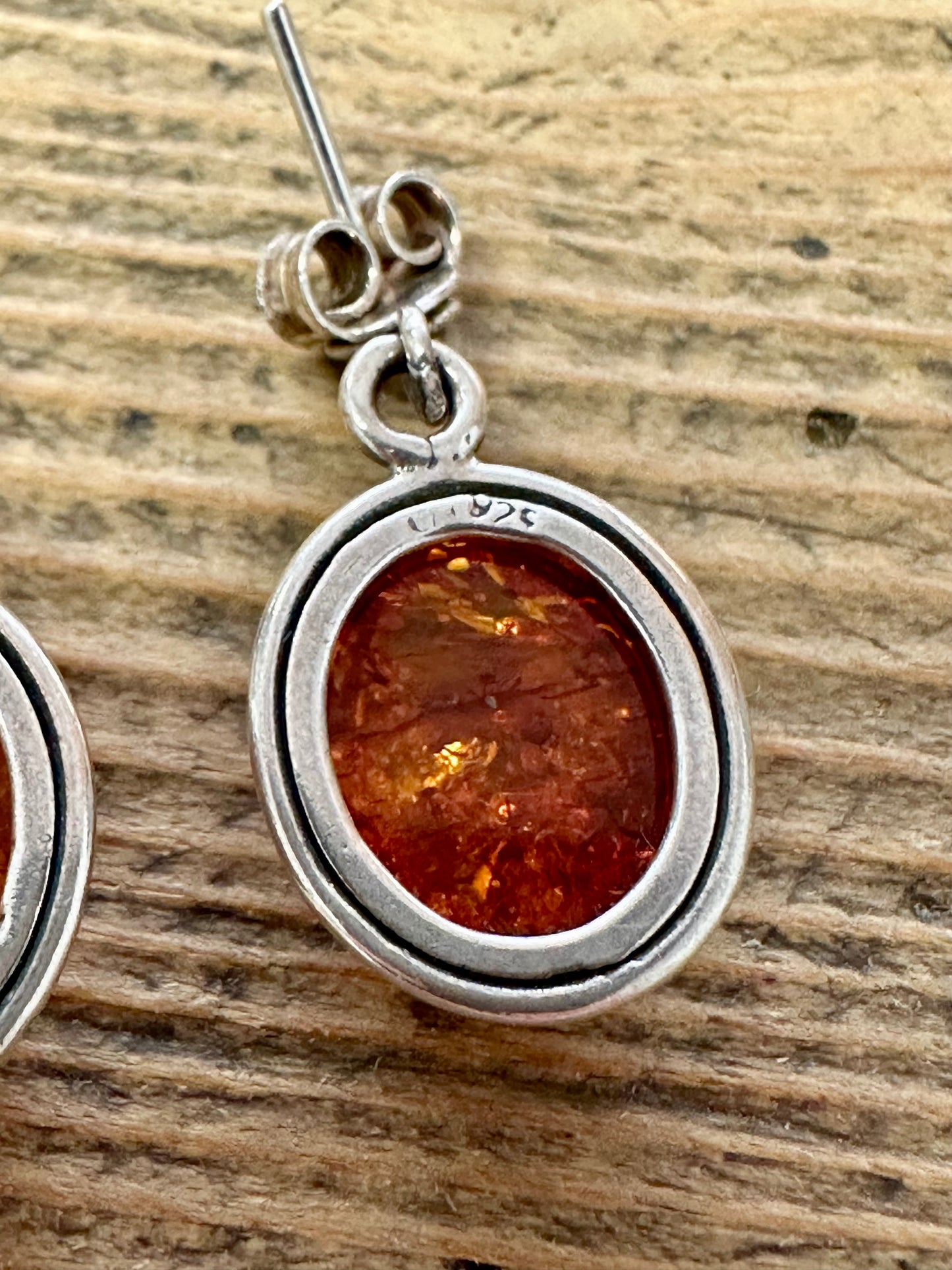 Vintage Oval Amber Dangle 925 Silver Earrings