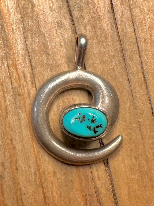 Vintage Navajo Turquoise Swirl Maker LM 925 Sterling Silver Pendant