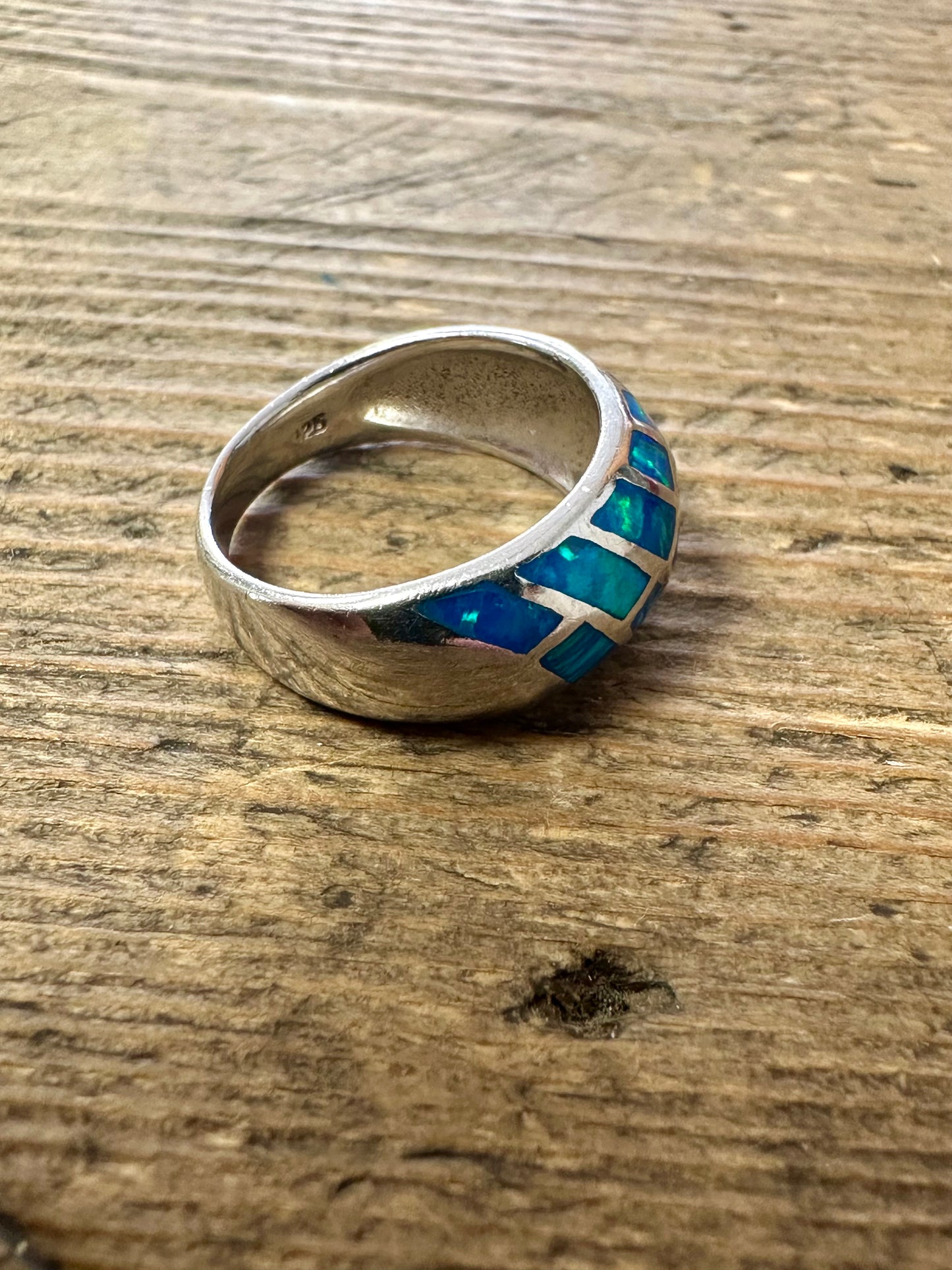 Modernist Blue Opal Inlay 925 Silver Size L Ring