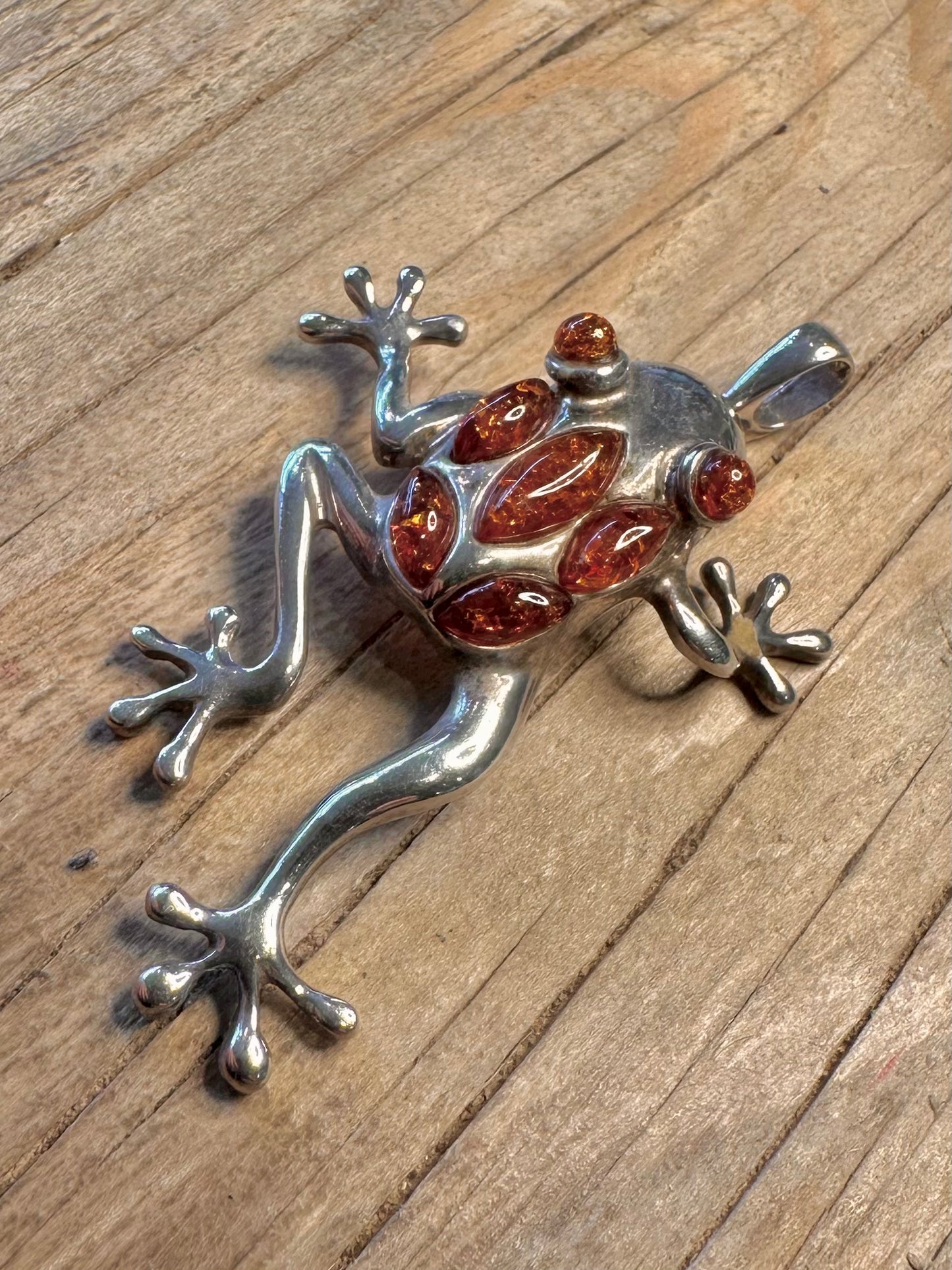 Modernist Amber Frog 925 Sterling Silver Pendant