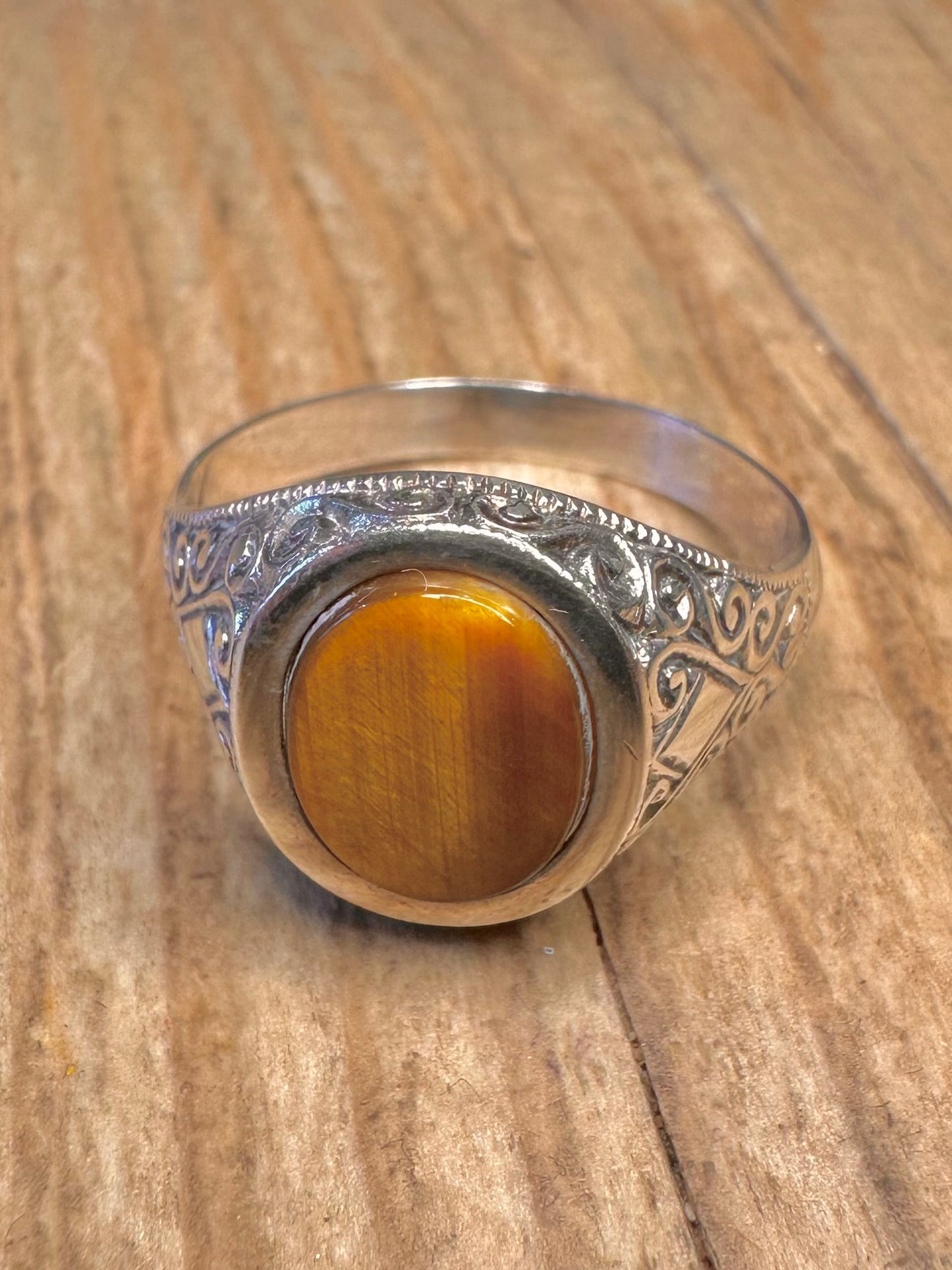 Vintage Tigers Eye Engraved Signet 925 Sterling Silver Size Z+3 1/2 Ring