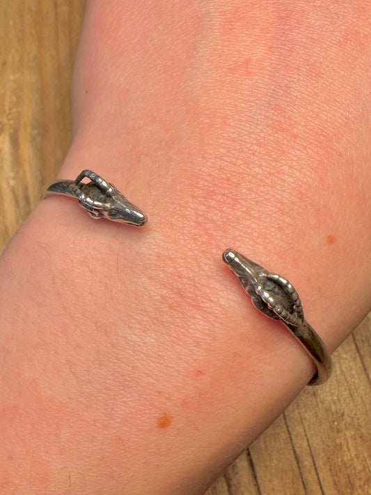 Vintage Double Rams Head Cuff 925 Sterling Silver Bangle