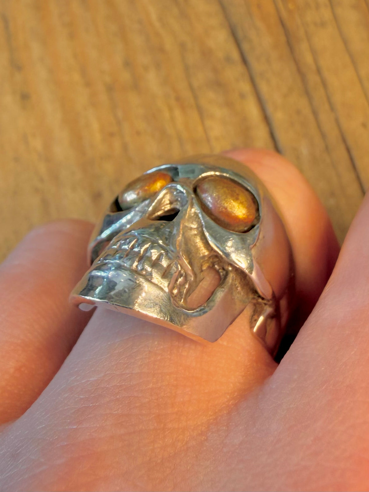 Large Skull Head with Golden Eyes 925 Sterling Silver Size P1/2 Ring