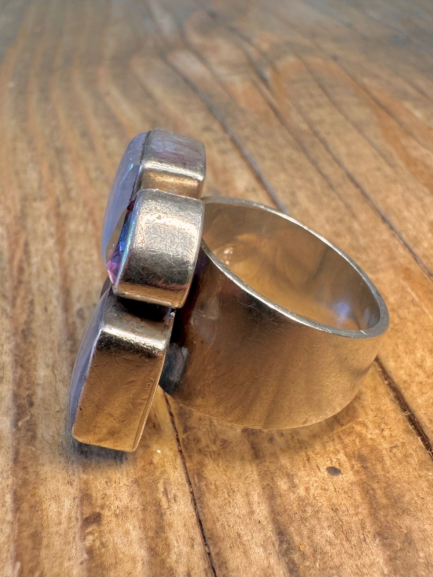 Chunky Moonstone and Amethyst 925 Sterling Silver Size P Ring