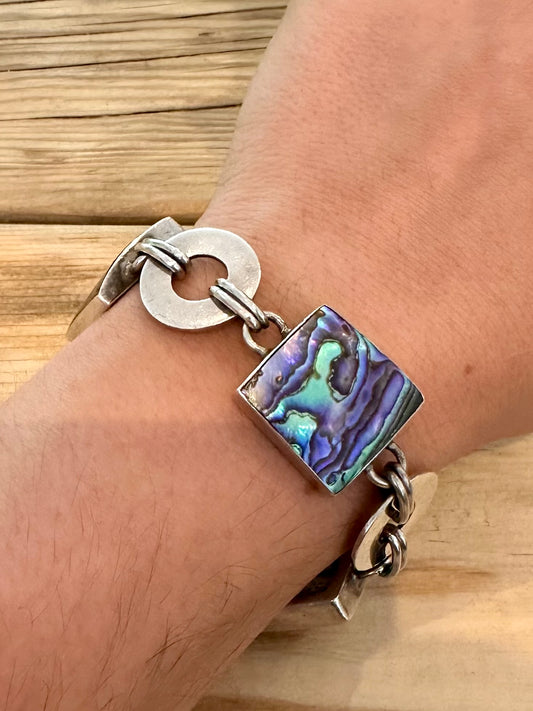 Abstract Abalone Square and Circle T Bar Clasp 925 Silver Bracelet