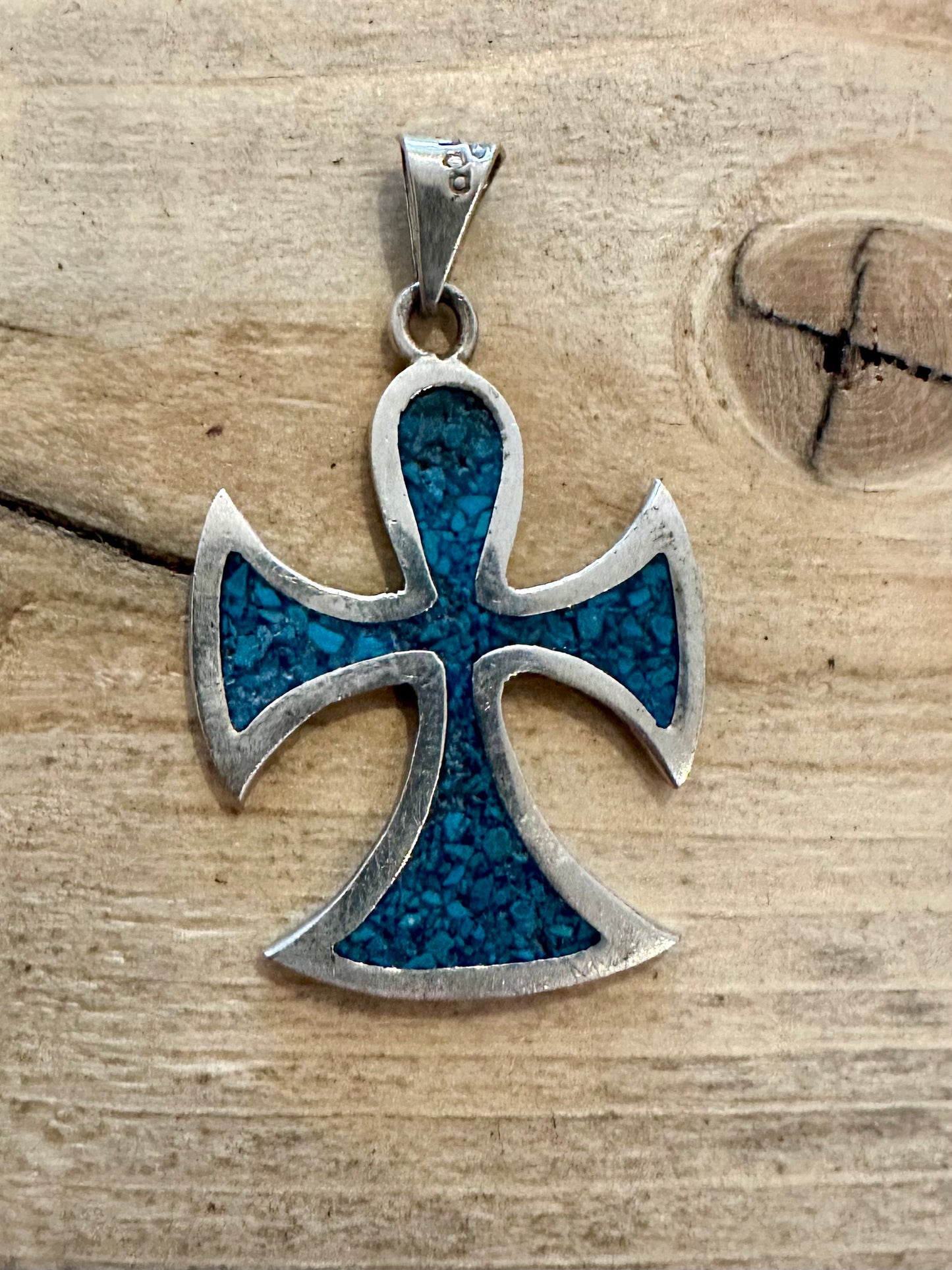 Vintage Turquoise Inlay Cross 925 Silver Mexico Pendant