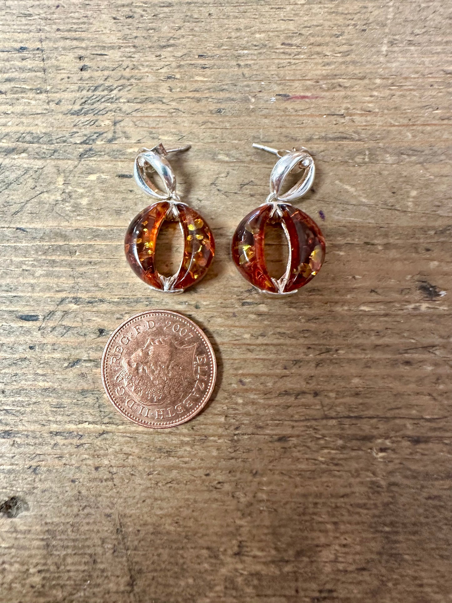 Modernist Amber Circle 925 Silver Earrings