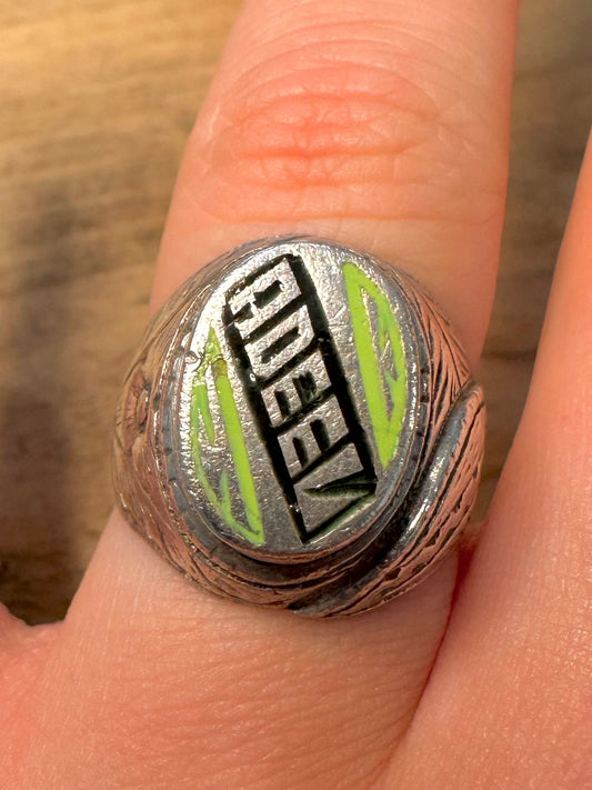 Vintage ADEEL Engraved Green Enamel 925 Silver Size Q Ring