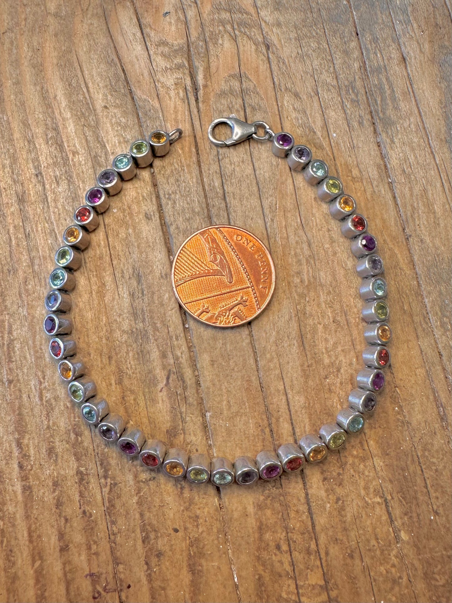 Multi Coloured Gemstones 925 Sterling Silver 7.5 inch Bracelet
