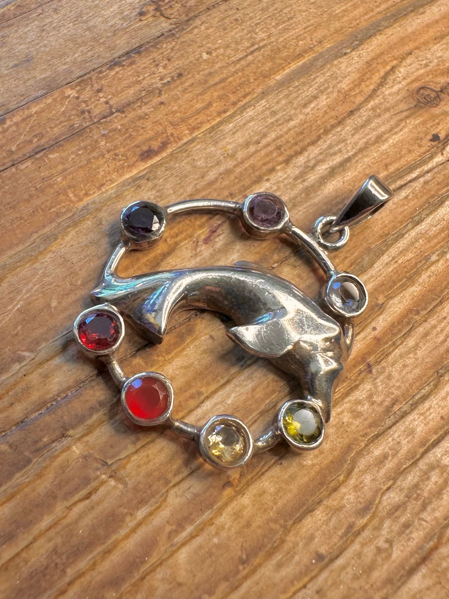 Multi Coloured Gemstone Dolphin 925 Sterling Silver Pendant