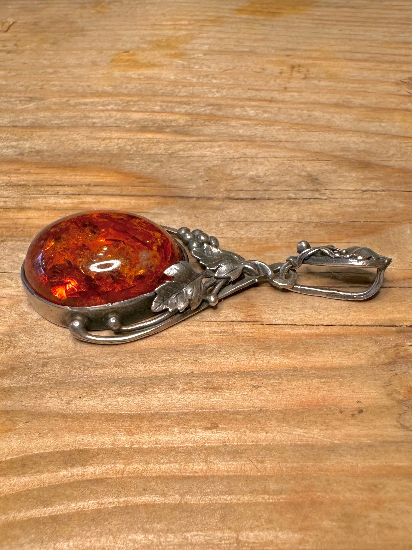 Vintage 1994 Amber Grape Leaf Design 925 Sterling Silver Pendant