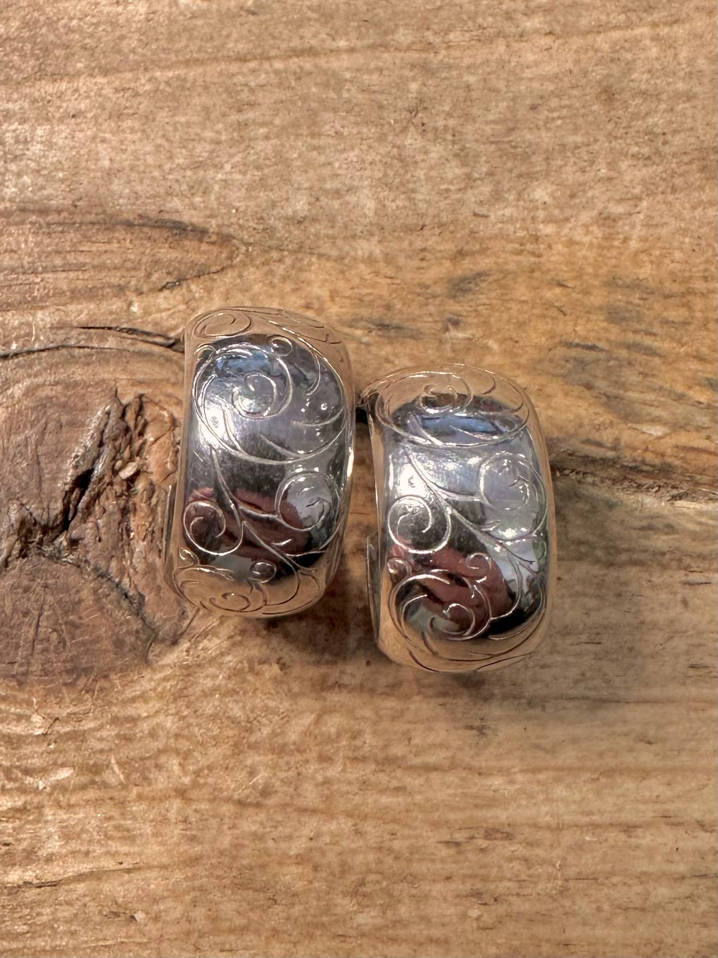 Vintage Engraved Chunky Hoops 925 Silver Earrings