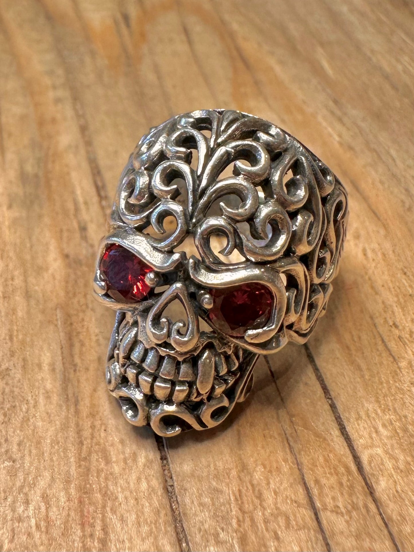 Vintage Skull Filigree Red Stone Eyes 925 Sterling Silver Size P Ring