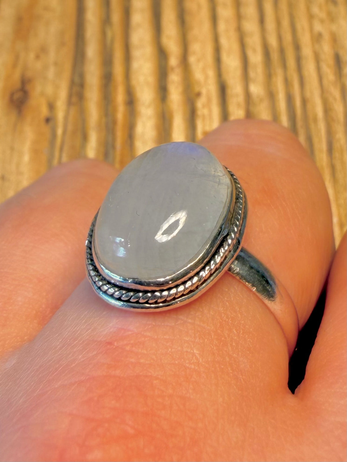 Oval Moonstone Rope Border 925 Sterling Silver Size X1/2 Ring