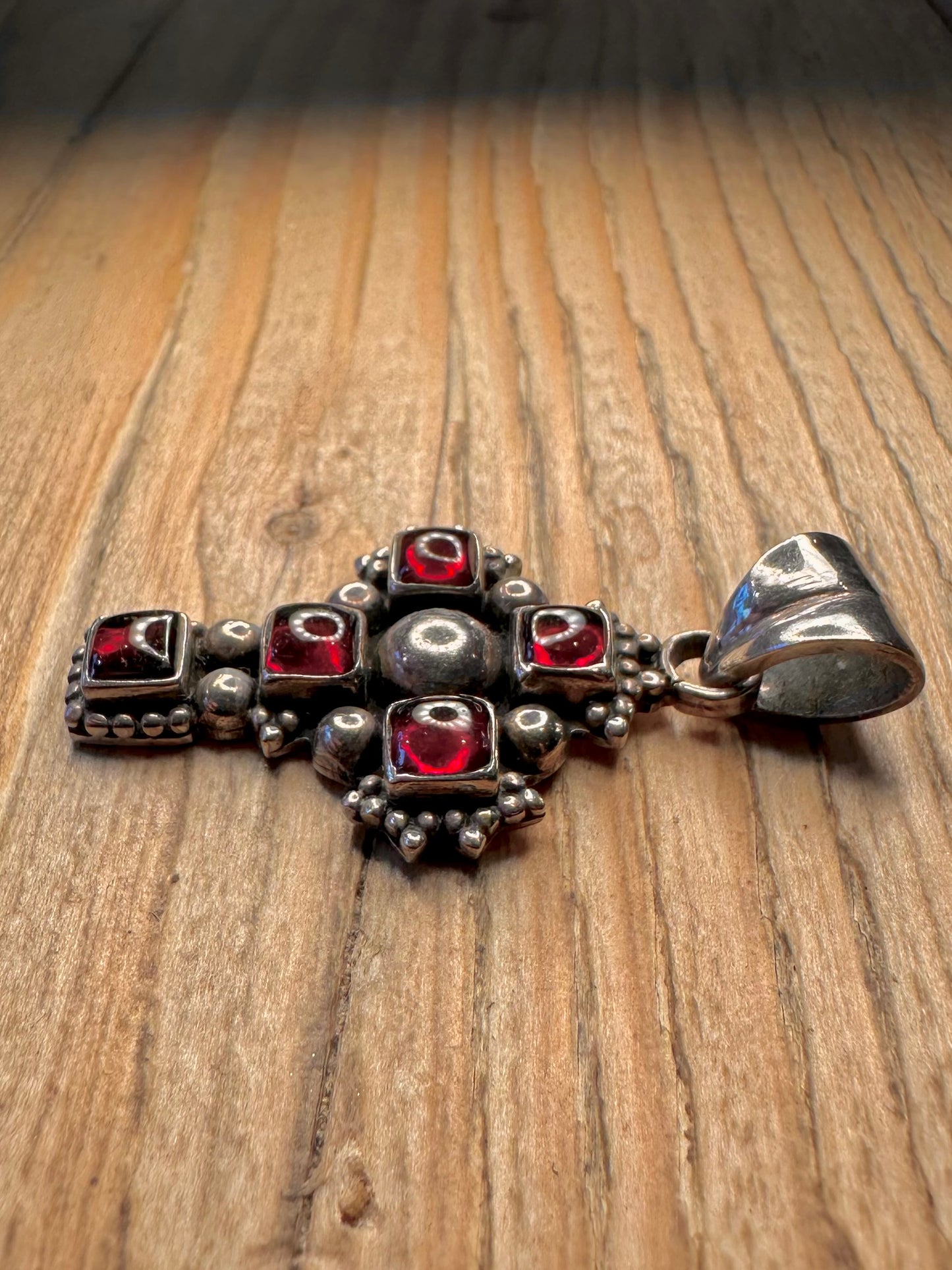 Vintage Garnet Cross 925 Sterling Silver Pendant