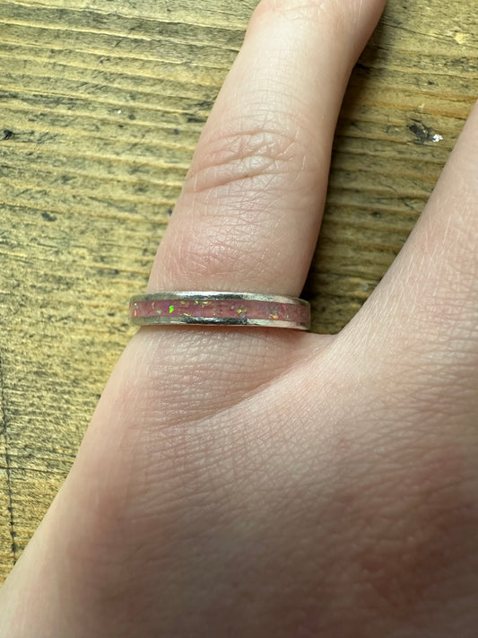 Modernist Pink Glitter Inlay Band 925 Silver Size N Ring