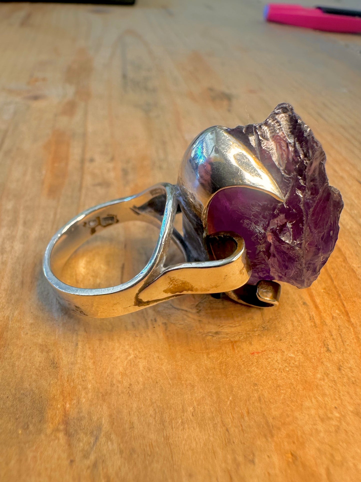 Large Raw Amethyst Claw Mount 800 Silver Size O Ring
