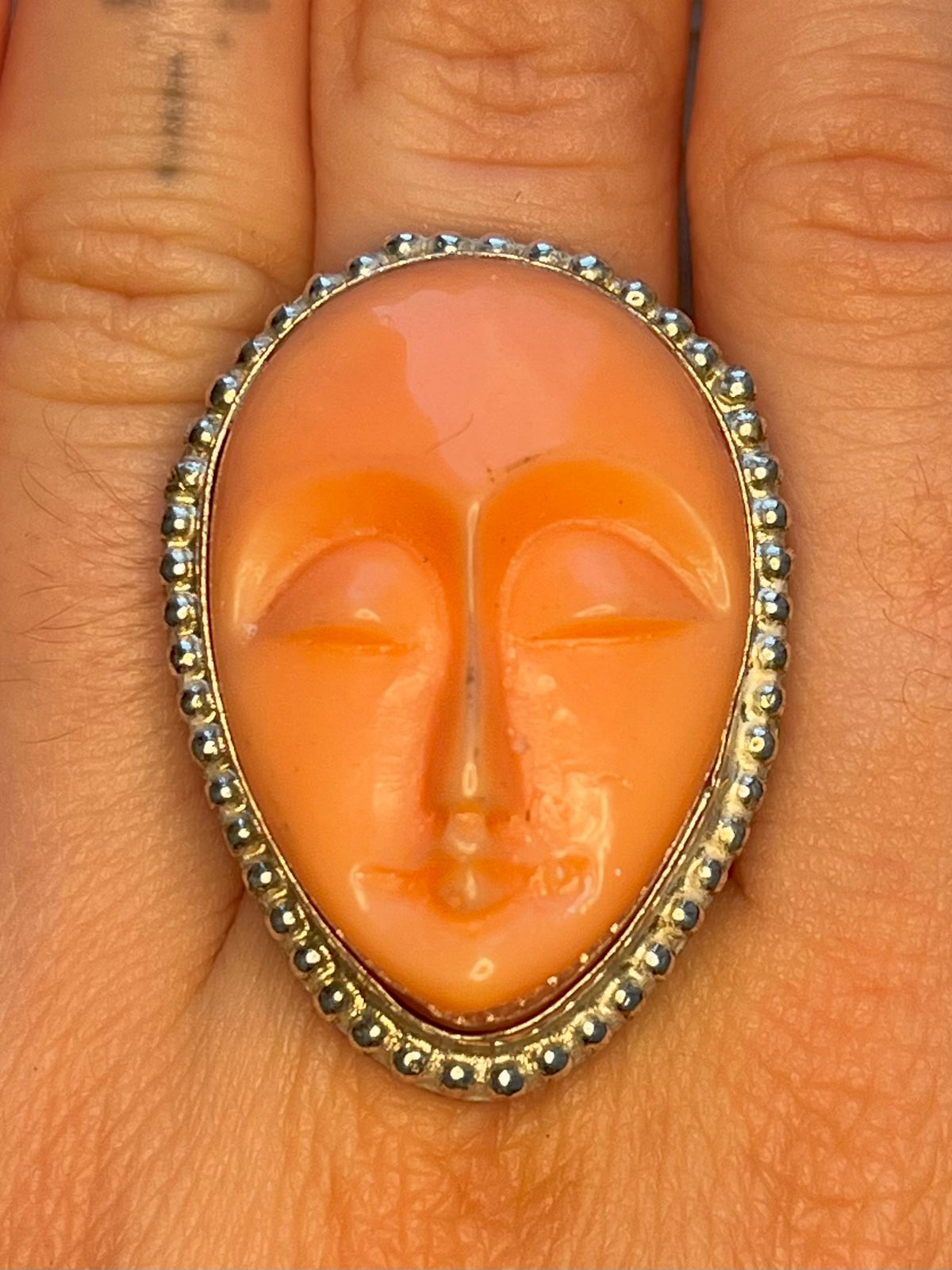 Moon Face Carved Peach Colour  925 Sterling Silver Size R Ring
