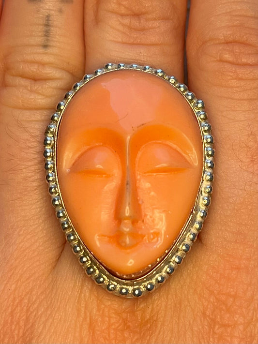 Moon Face Carved Peach Colour  925 Sterling Silver Size R Ring