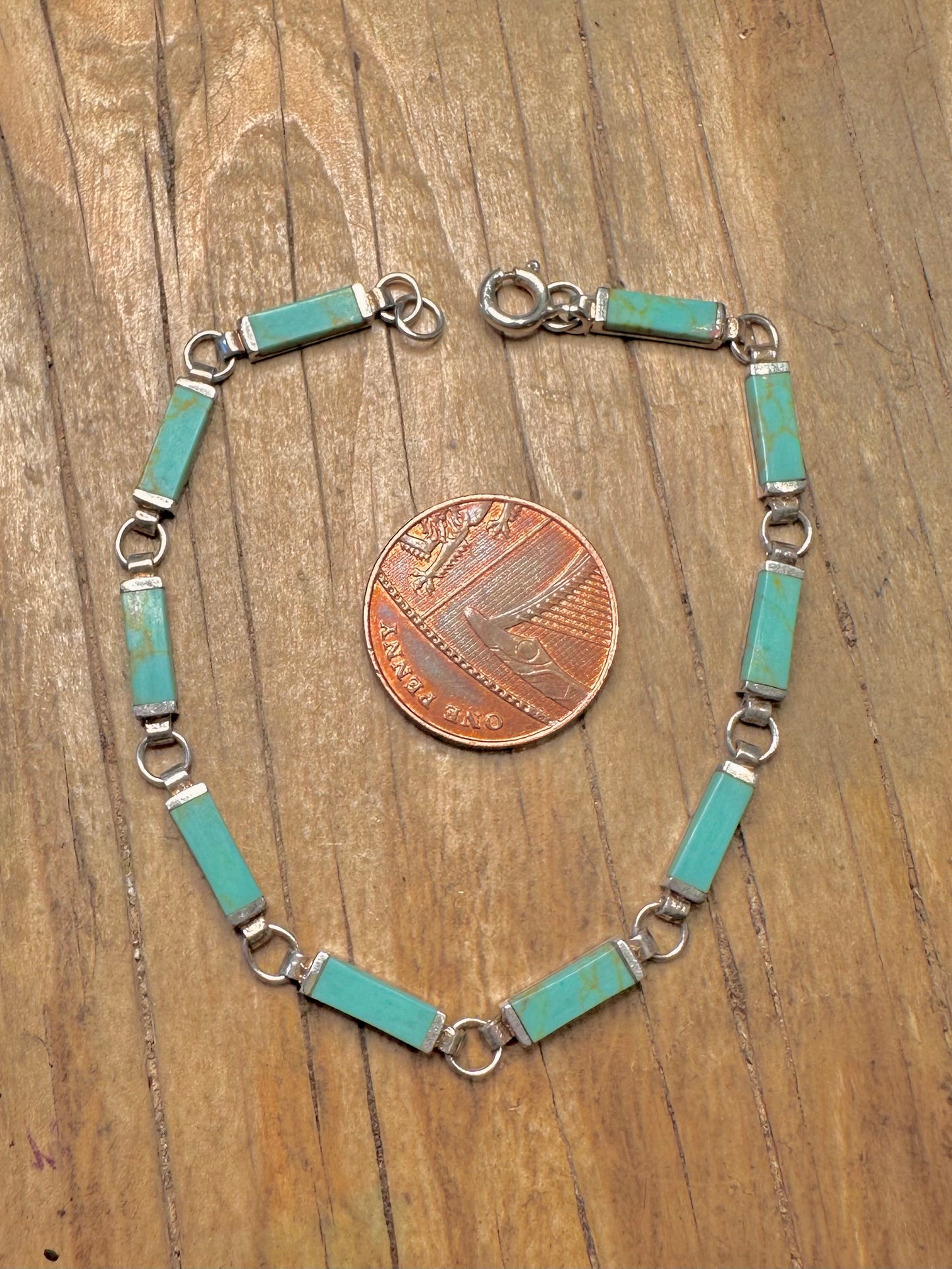 Modern Turquoise Bar Link 925 Sterling Silver 7.2 inch Bracelet