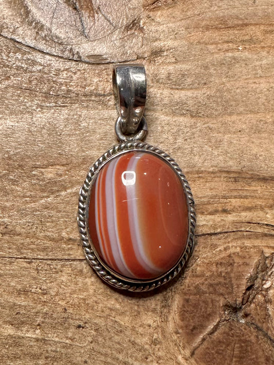 Vintage Banded Agate Tribal Oval 925 Silver Pendant