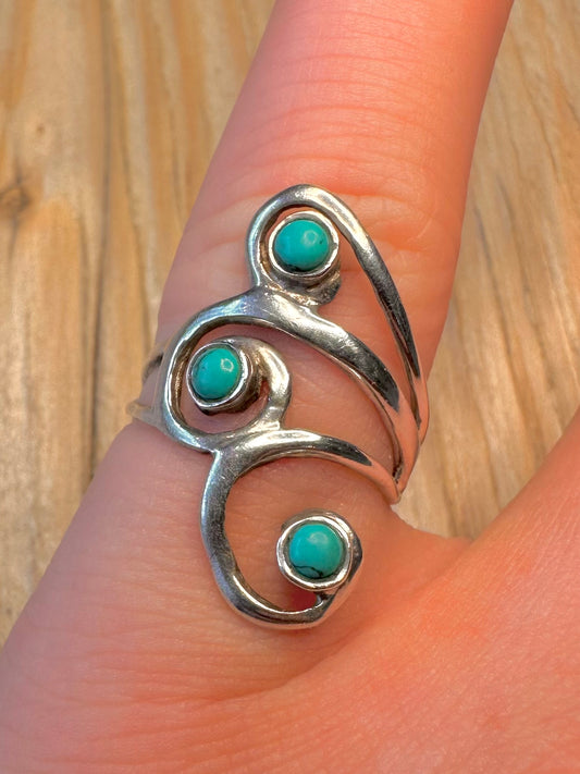 Modernist Turquoise Swirl 925 Sterling Silver Size L Ring