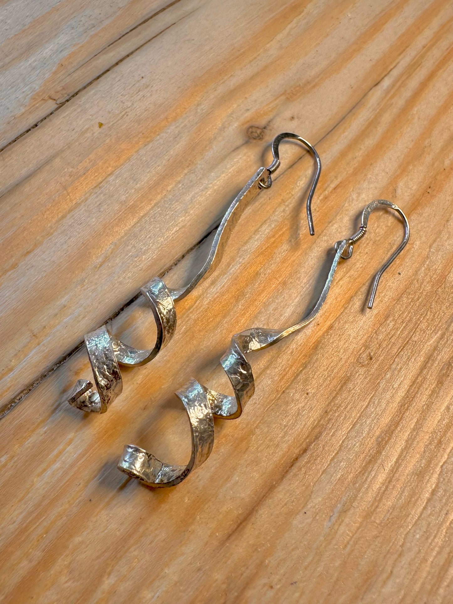 Abstract Hammered Long Twist 925 Silver Earrings