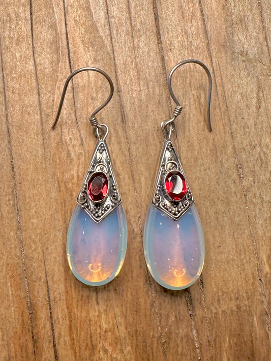 Vintage Opalite and Garnet 925 Sterling Silver Earrings