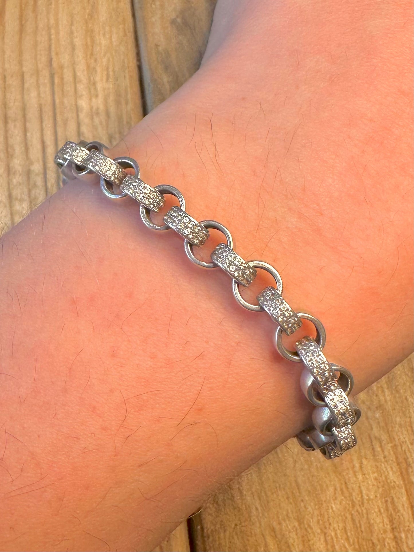 Vintage CZ Stone Chunky Belcher 925 Sterling Silver 7.8 inch Bracelet