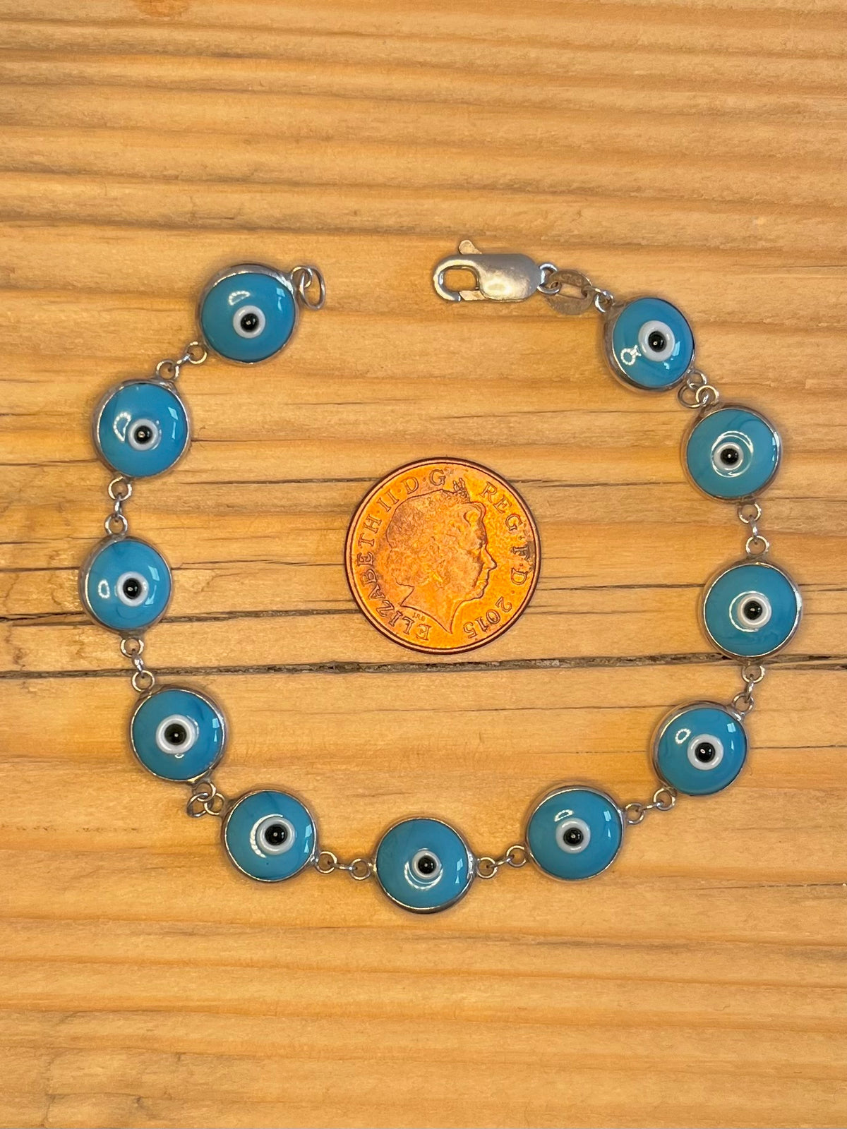 Circle Light Blue Evil Eye Link 925 Sterling Silver 7.7 inch Bracelet