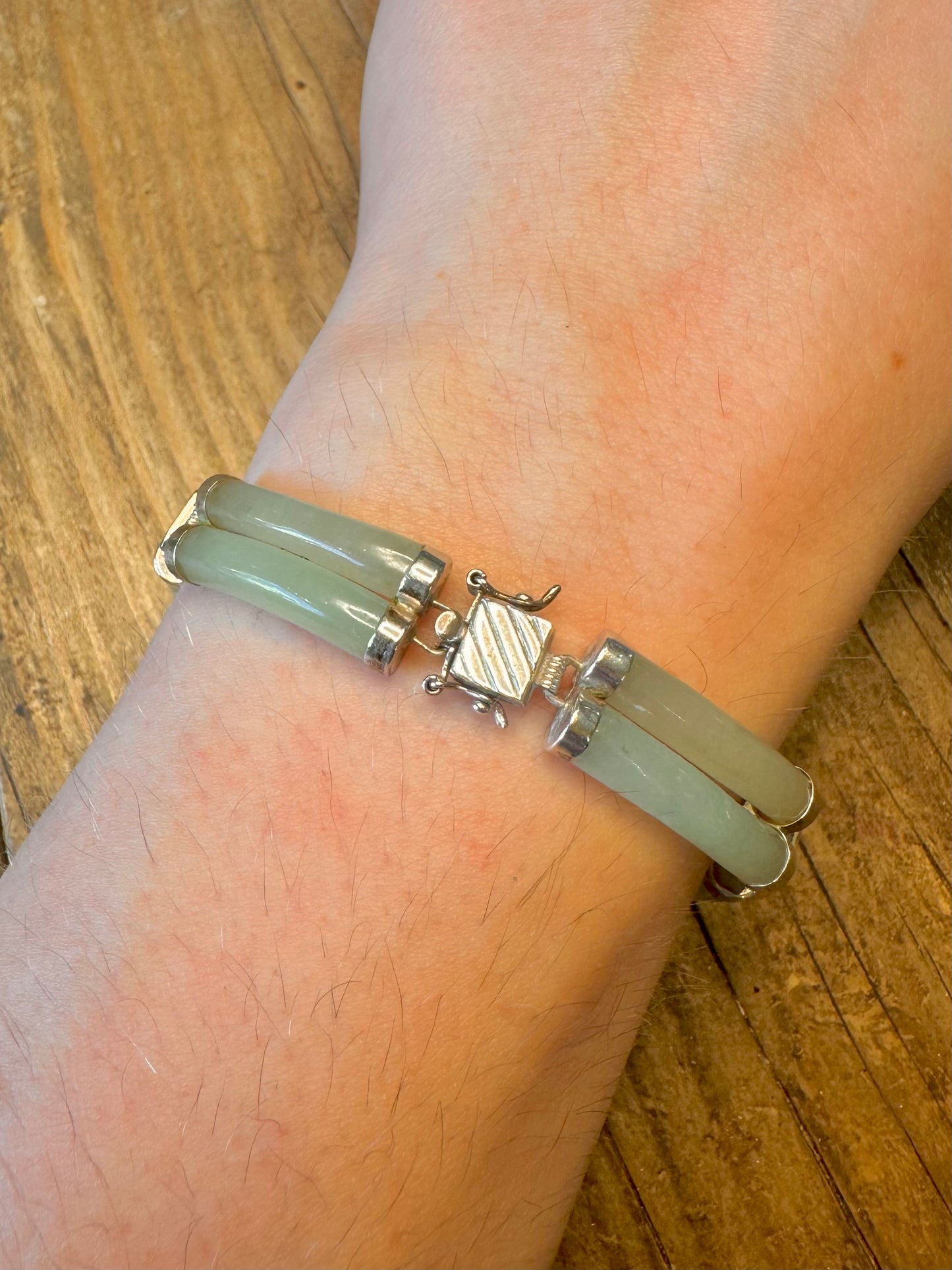 Jade Double Cylinders and Peridot 925 Sterling Silver 7.5 inch Bracelet