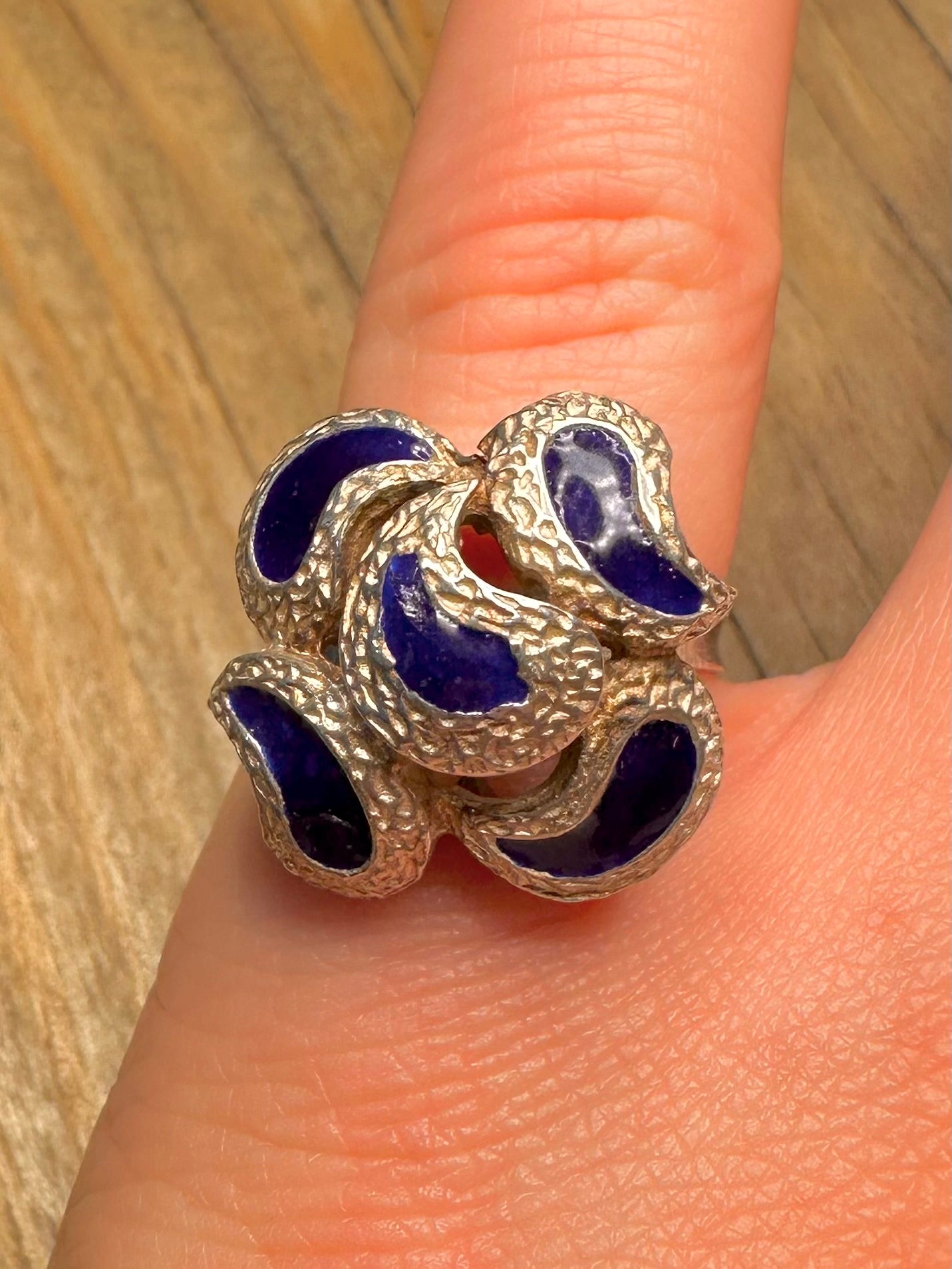 Abstract Blue Enamel 925 Sterling Silver Size N Ring