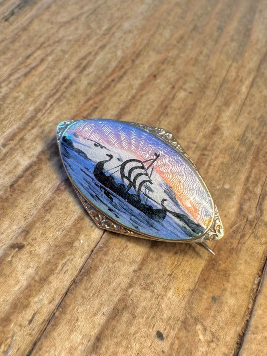 Stunning Norwegian Viking Ship Guilloche Enamel 925 Sterling Silver Brooch