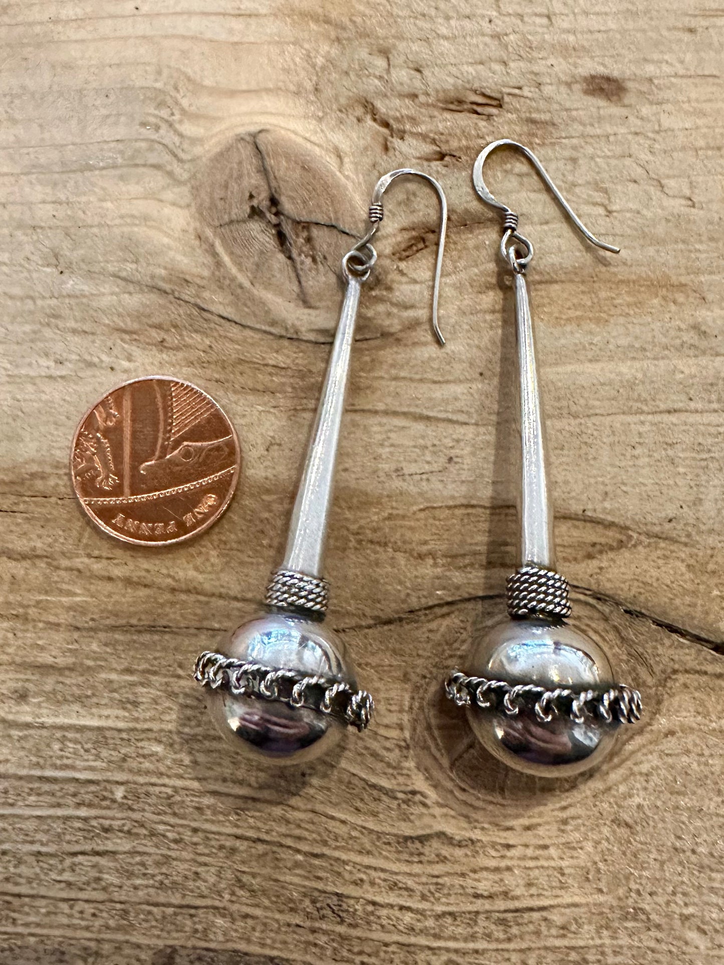 Vintage Large Tribal Ball Dangle 925 Silver Earrings