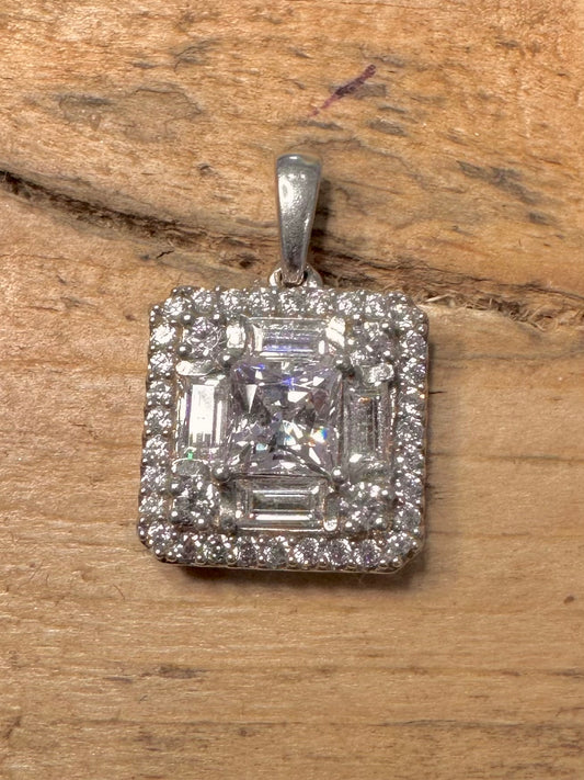 Modern White CZ Square 925 Silver Pendant