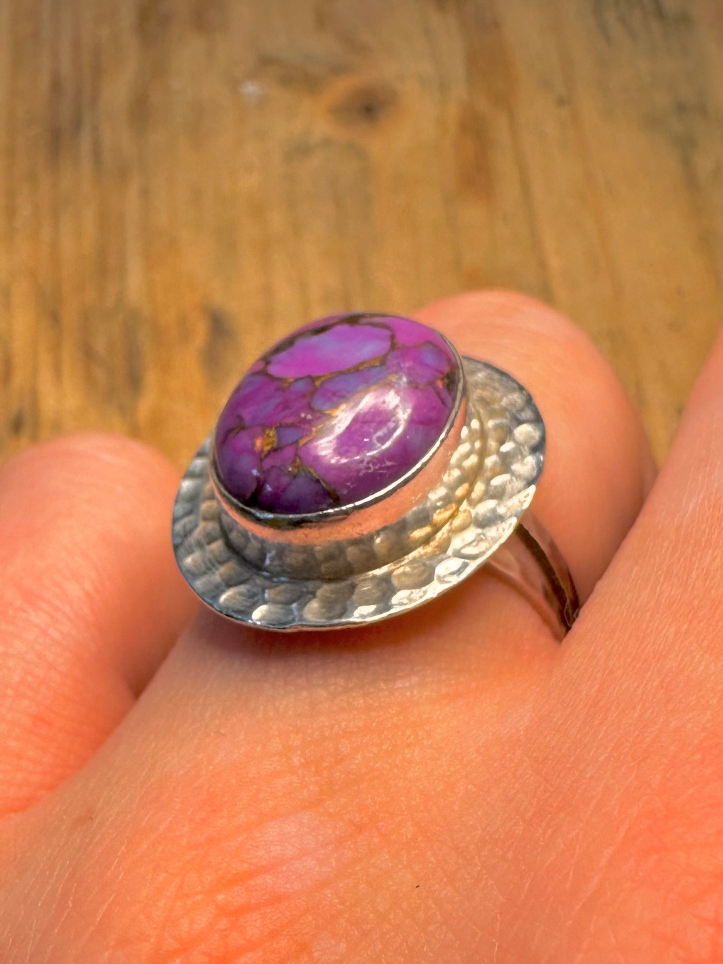 Purple Copper Turquoise Hammered Oval 925 Sterling Silver Size S Ring