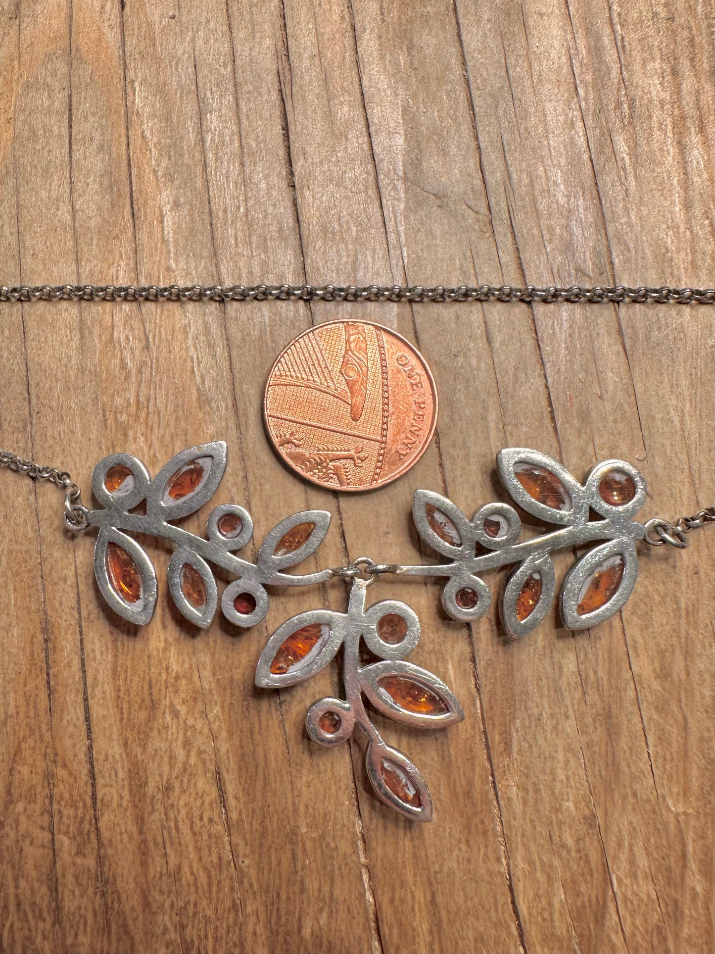 Vintage Amber Leaf Style 925 Sterling Silver 16.2 to 17.2 inch Necklace