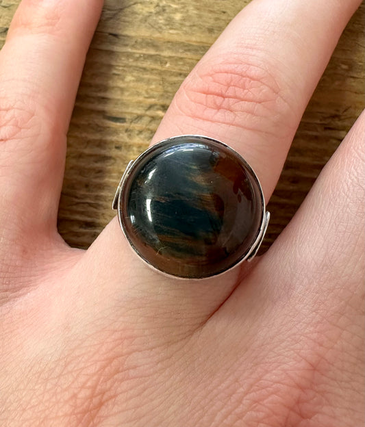 Vintage Dark Tigers Eye 925 Silver Size O Adjustable Ring