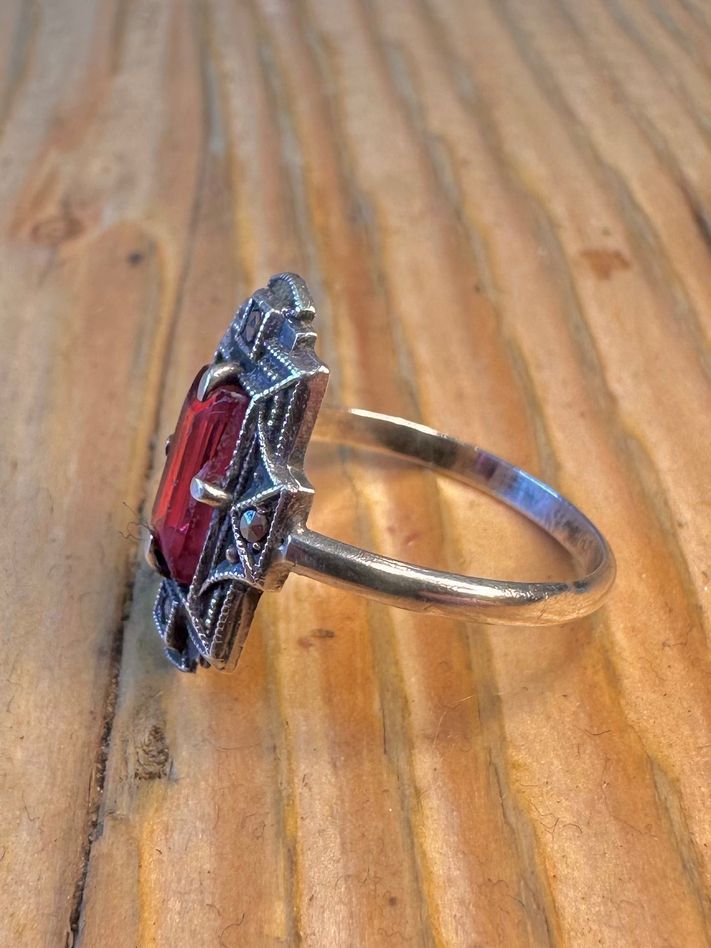 Art Deco Red Stone and Marcasite 935 Silver Size M Ring