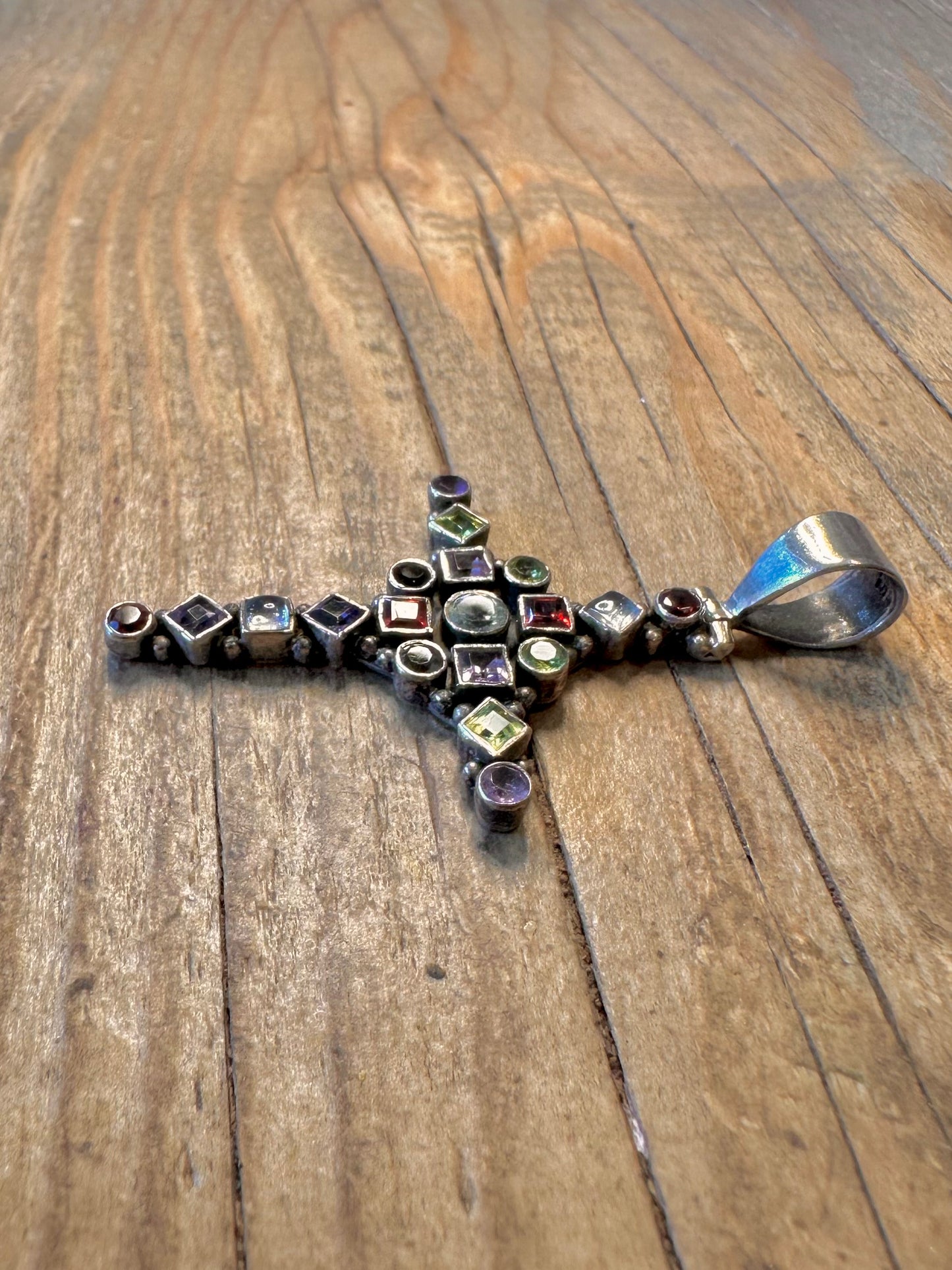 Multi Gemstone Cross 925 Sterling Silver Pendant