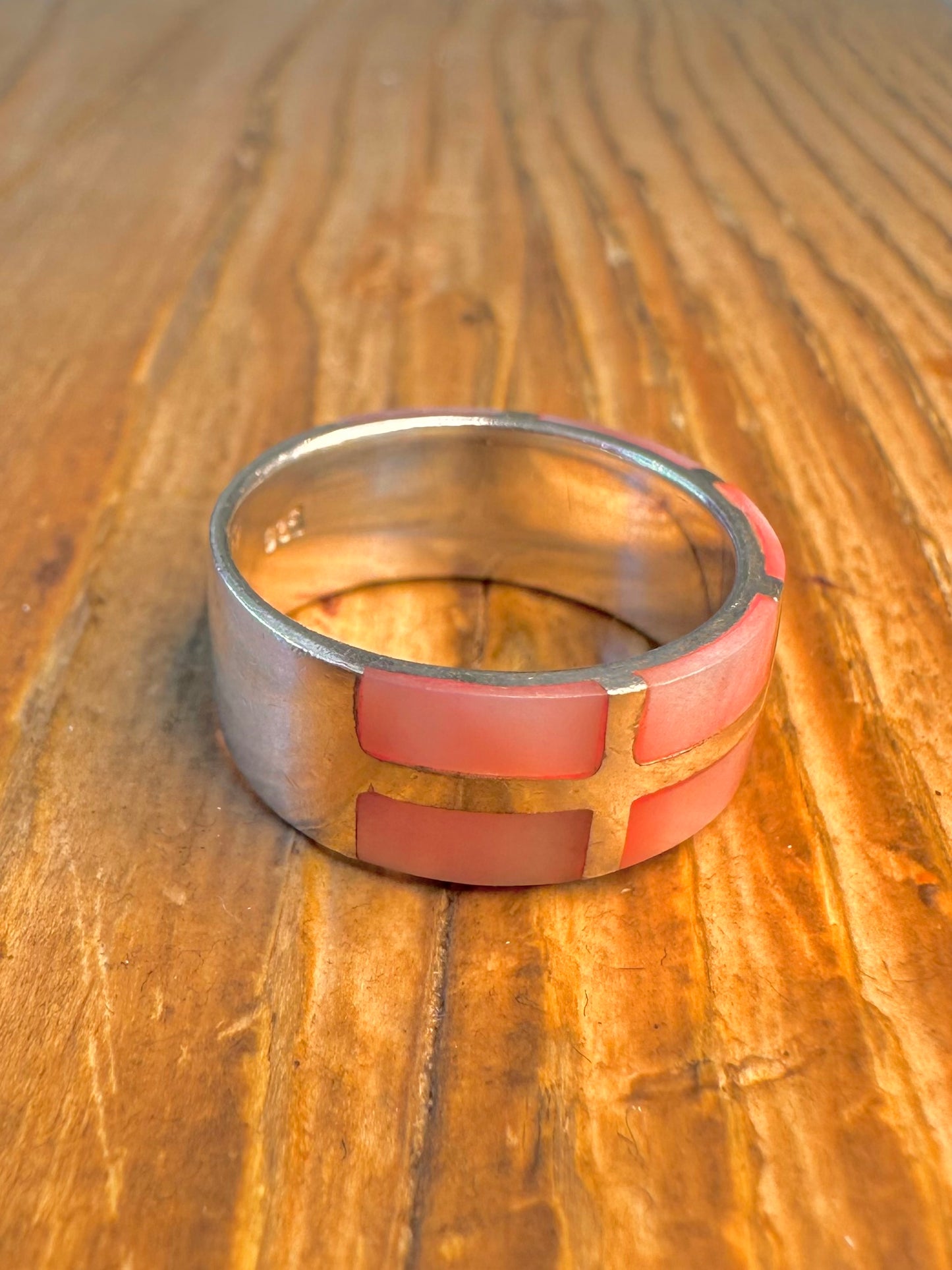 Pink Mother of Pearl Inlay Band 925 Sterling Silver Size P Ring