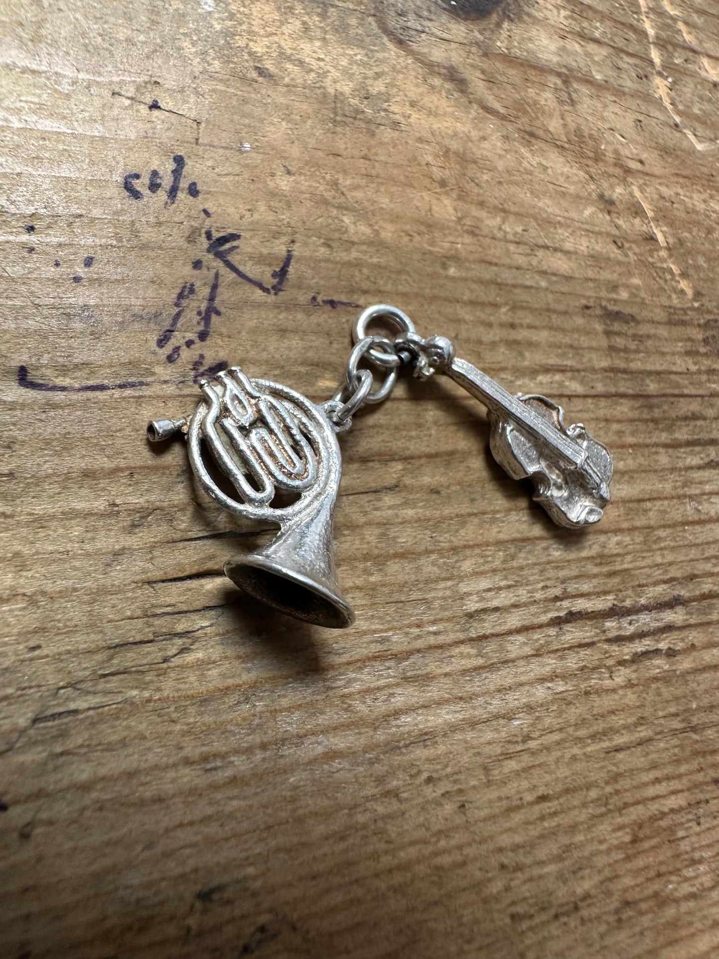 Vintage French Horn and Cello Silver Charm Pendant