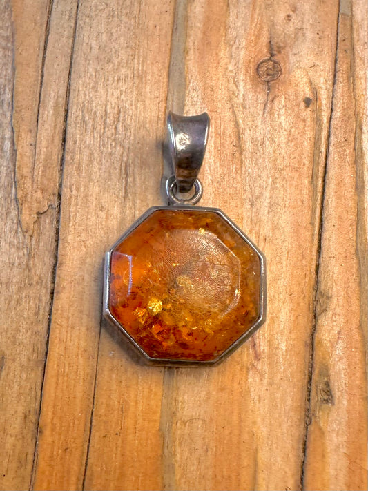 Amber Octagon 925 Sterling Silver Pendant