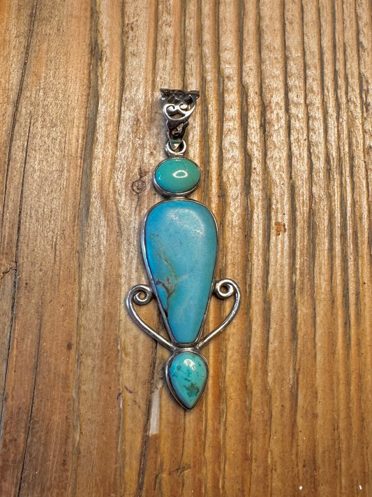 Boho Turquoise Long Swirl 925 Sterling Silver Pendant