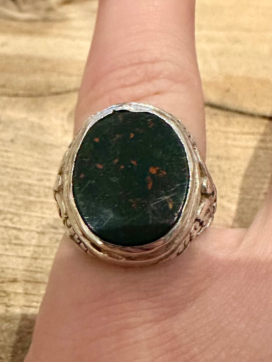 Vintage Bloodstone Ornate Signet 925 Silver Size J Ring