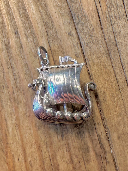 Viking Ship Dragon 925 Sterling Silver Charm Pendant