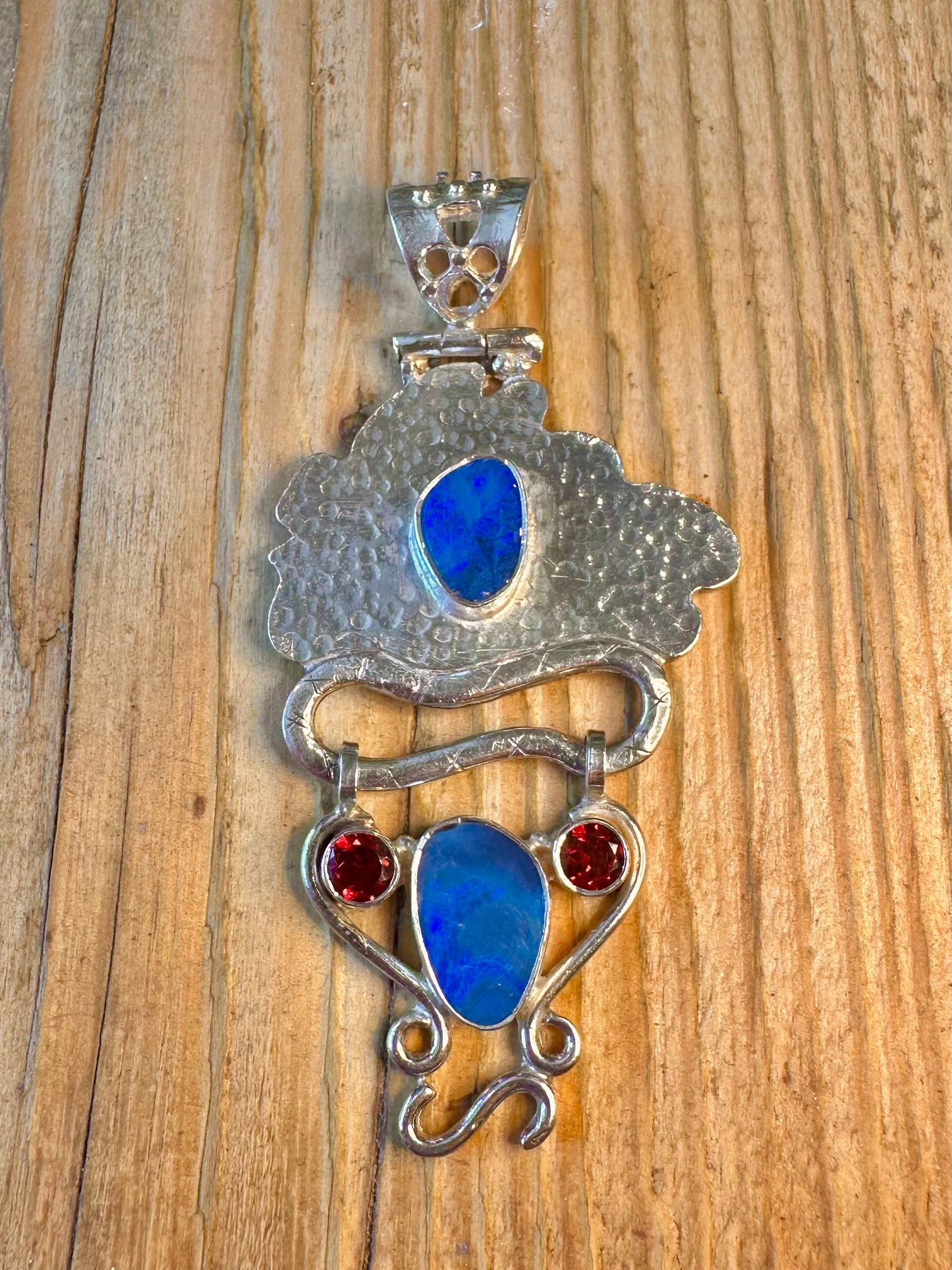 Blue Opal Hammered Red Stones 925 Sterling Silver Pendant